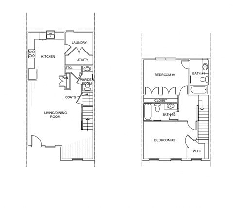 Floor plan for 2 beds, 2.5 baths, 1320 sqft